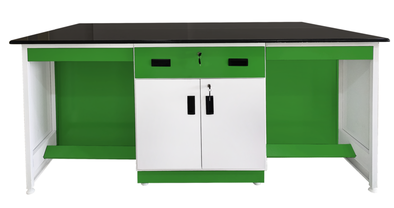biology lab island table green and white flush handle